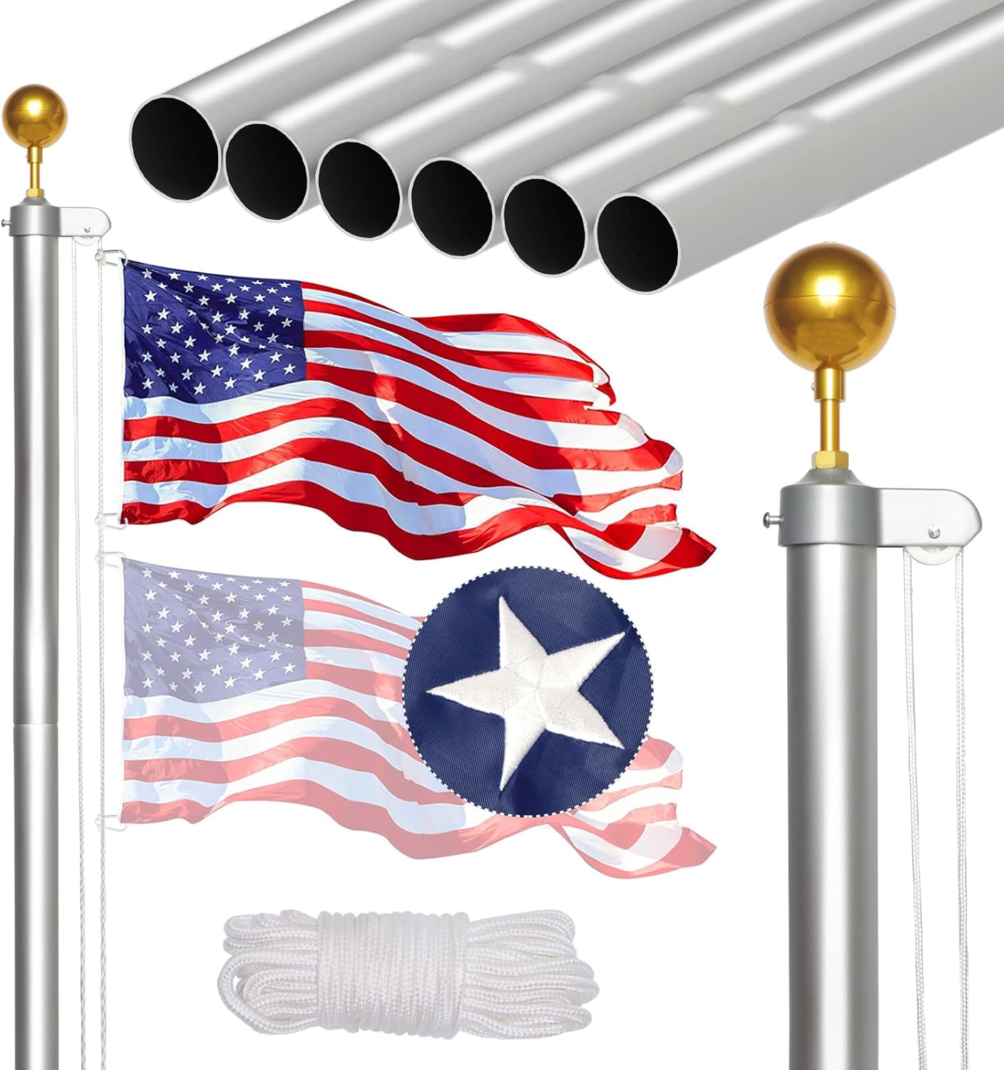 Flagpole Hardware - NELXINJO 25FT Sectional Flag Pole Kit, Heavy Duty Aluminum Outdoor In-Ground Flagpole, Gold Ball Top, 3x5 USA Flag for Residential Commercial Outdoor Garden(25FT, Silver)