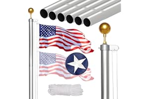 NELXINJO 25FT Sectional Flag Pole Kit, Heavy Duty Aluminum Outdoor In-Ground Flagpole, Gold Ball Top, 3x5 USA Flag for Residential commercial Outdoor Garden(25FT, Silver)