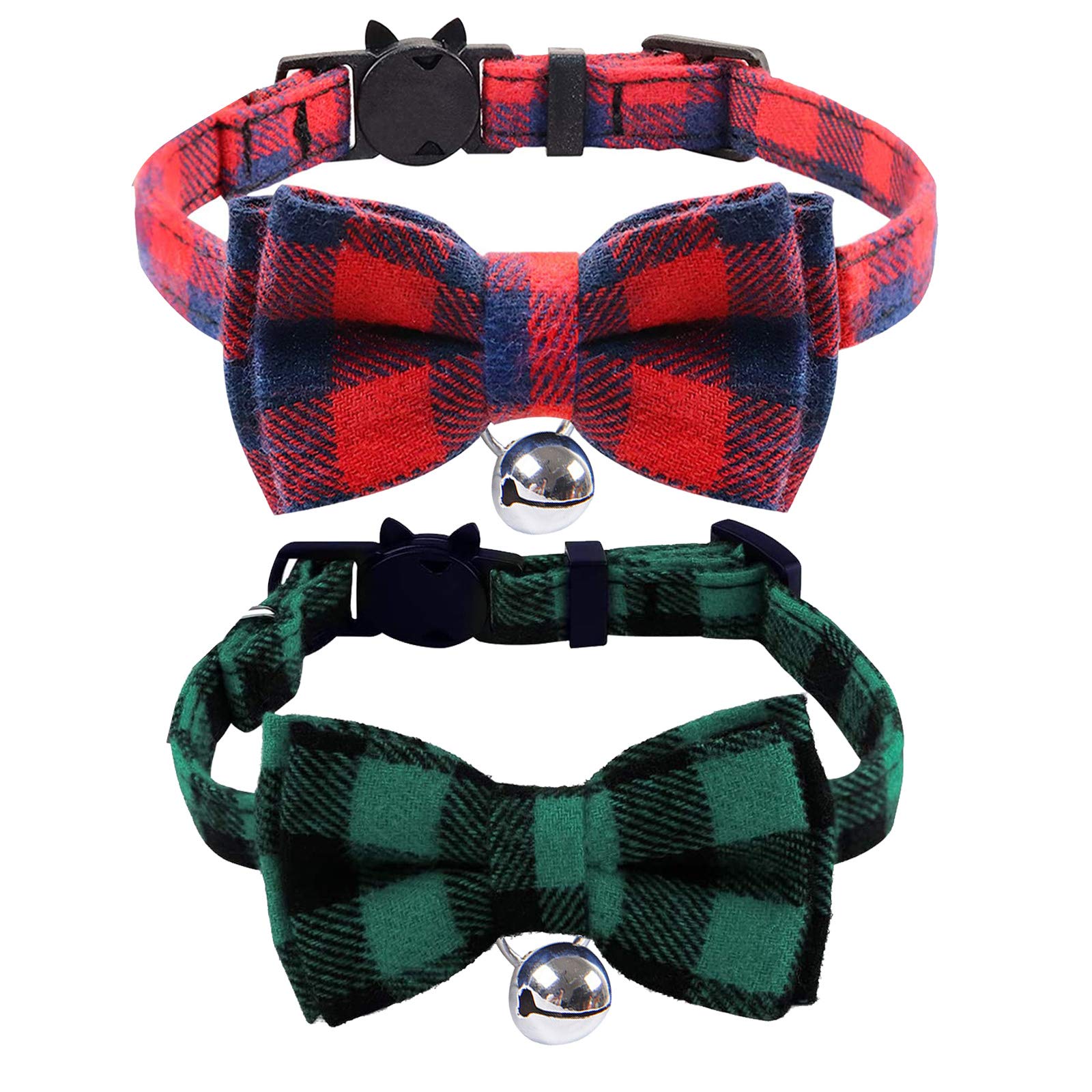 2PCS Plaid Cat Collars Quick Release Kitten Collar Bow Tie Safety Cat Bowtie Collars Christmas Cat Bow Collar With Bell Soft Tartan Collar Adjustable Pet Collars For Kitten Puppy Green and Red