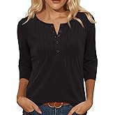 Uhiger Henley Shirts for Women Button Down 3/4 Sleeve Tops Pleated V Neck Blouses Dressy Casual Basic Tunic Trendy Outfits