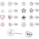 Toddler Earrings Push-in Threadless Flat Back Earrings for Girls Women Hypoallergenic Titanium Cartilage Earring for Sensitive Ears Cute Pearl Pink Heart Flower Star Cubic Zirconia Studs Earrings Set