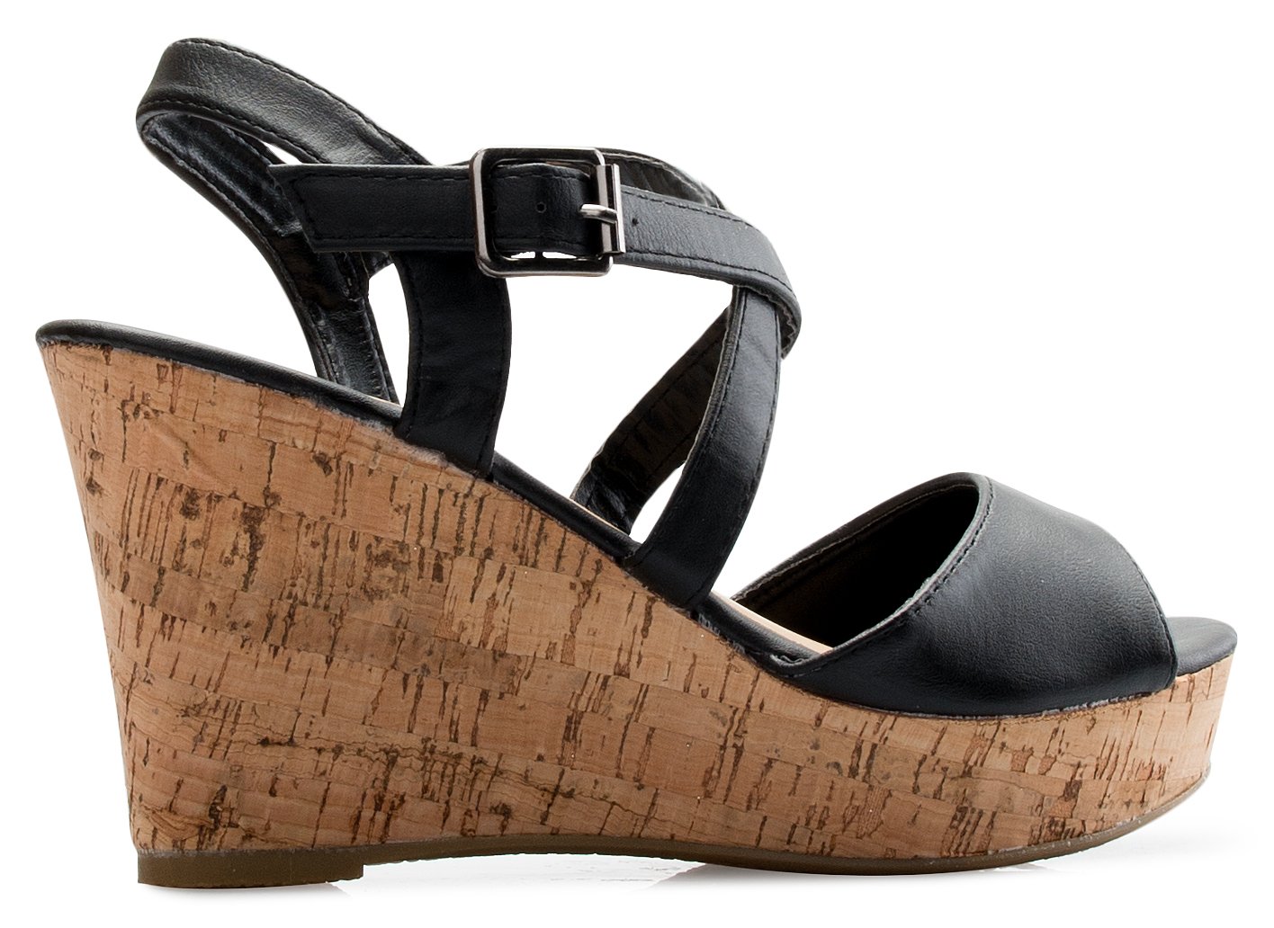 Olivia K Women's Open Toe Strappy Mid Wedge Heel Wood Decoration Buckle Shoes Sandals - Image 4