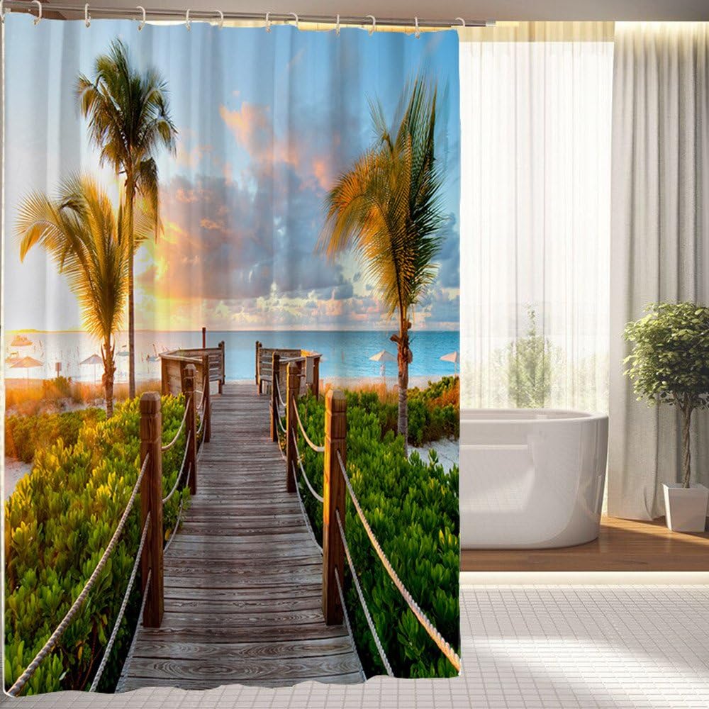 Caribbean Beaches Turks and Caicos Shower Curtain, Beach Sunset Waterproof Polyester Fabric Shower Curtain 66" x 72"