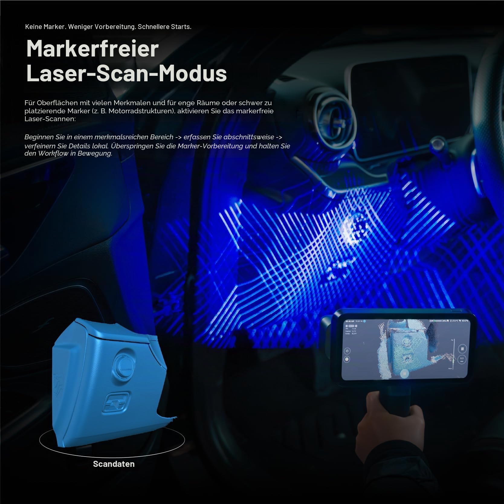 EinScan Rigil Lite 3D Scanner, 34+7 Blau-Laser & Infrarot Standalone Scanner mit 6,4" 2K AMOLED-Touchscreen, Kabellos & PC Modi für Automotive & Reverse Engineering, 24GB RAM+512GB SSD 2