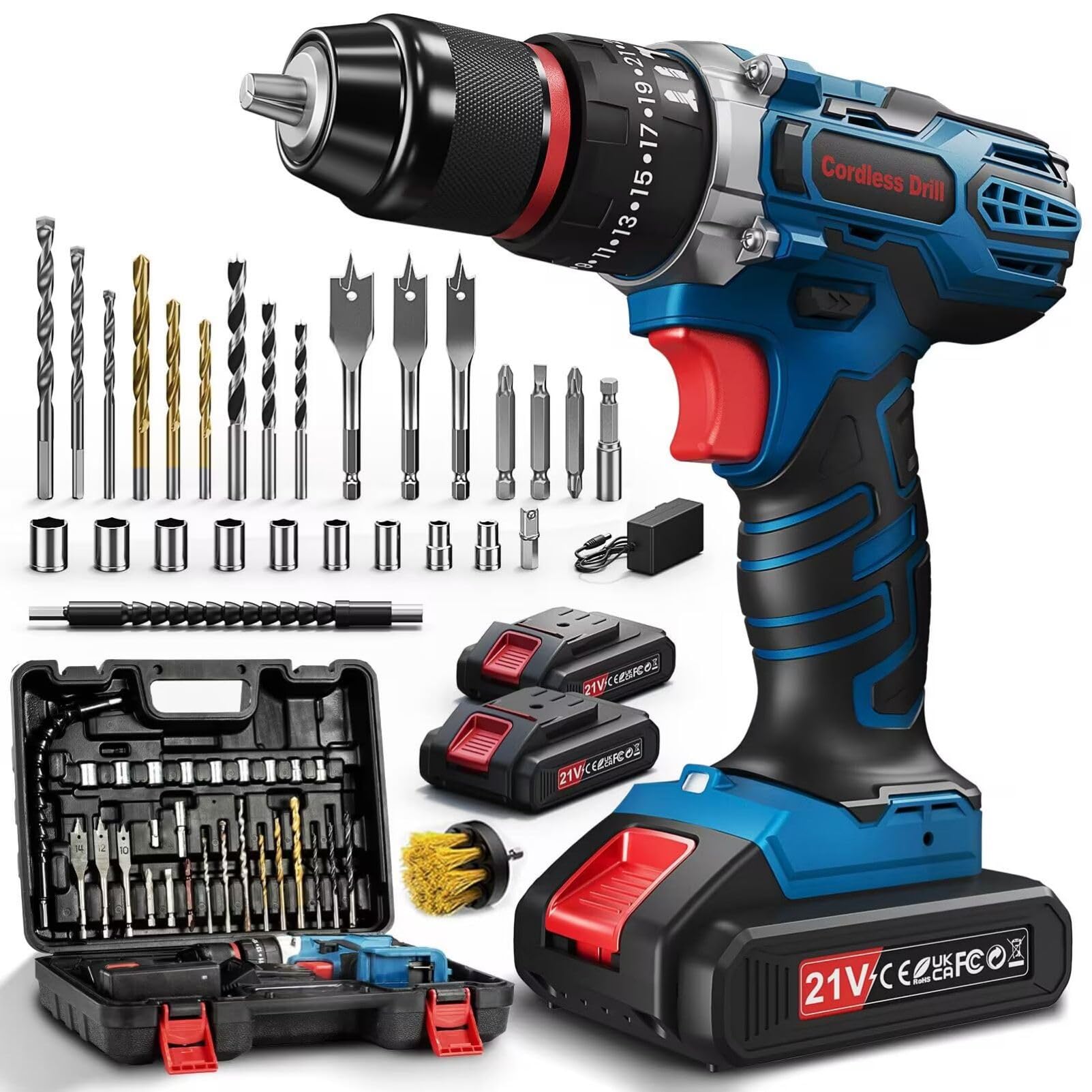 FAHEFANA 21V Cordless Drill, 45Nm Hammer Combi Drill with 2 Batteries 2.0Ah, 25+3 Torque Powerdrill, 2-Speed Electric Impact Screwdriver Set, LED Light, Power Tools for Home and Garden