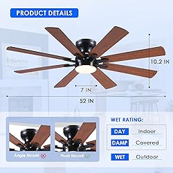 BYKISTOK 52" Flush Mount Ceiling Fan with Light and