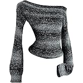 GORGLITTER Women's Y2k Off The Shoulder Cropped Sweater Striped Asymmetrical Neck Knitwear Tops