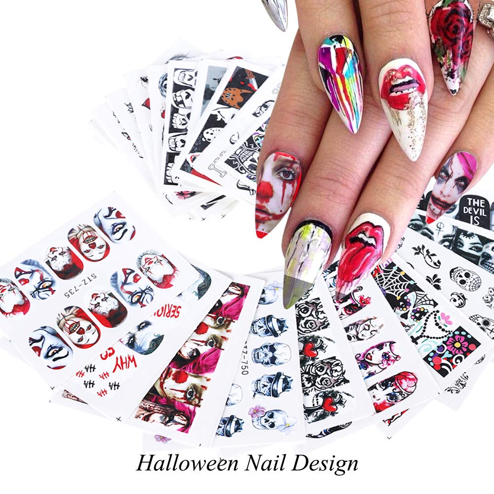 Halloween Nail Stickers Day of the Dead Nail Art Accessories Decals 25 Sheets Ghost Skull Eye Clown Hulk Water Transfer Nail Art Stickers for Halloween Party Supply Fingernails Toenails Decorations: Beauty
