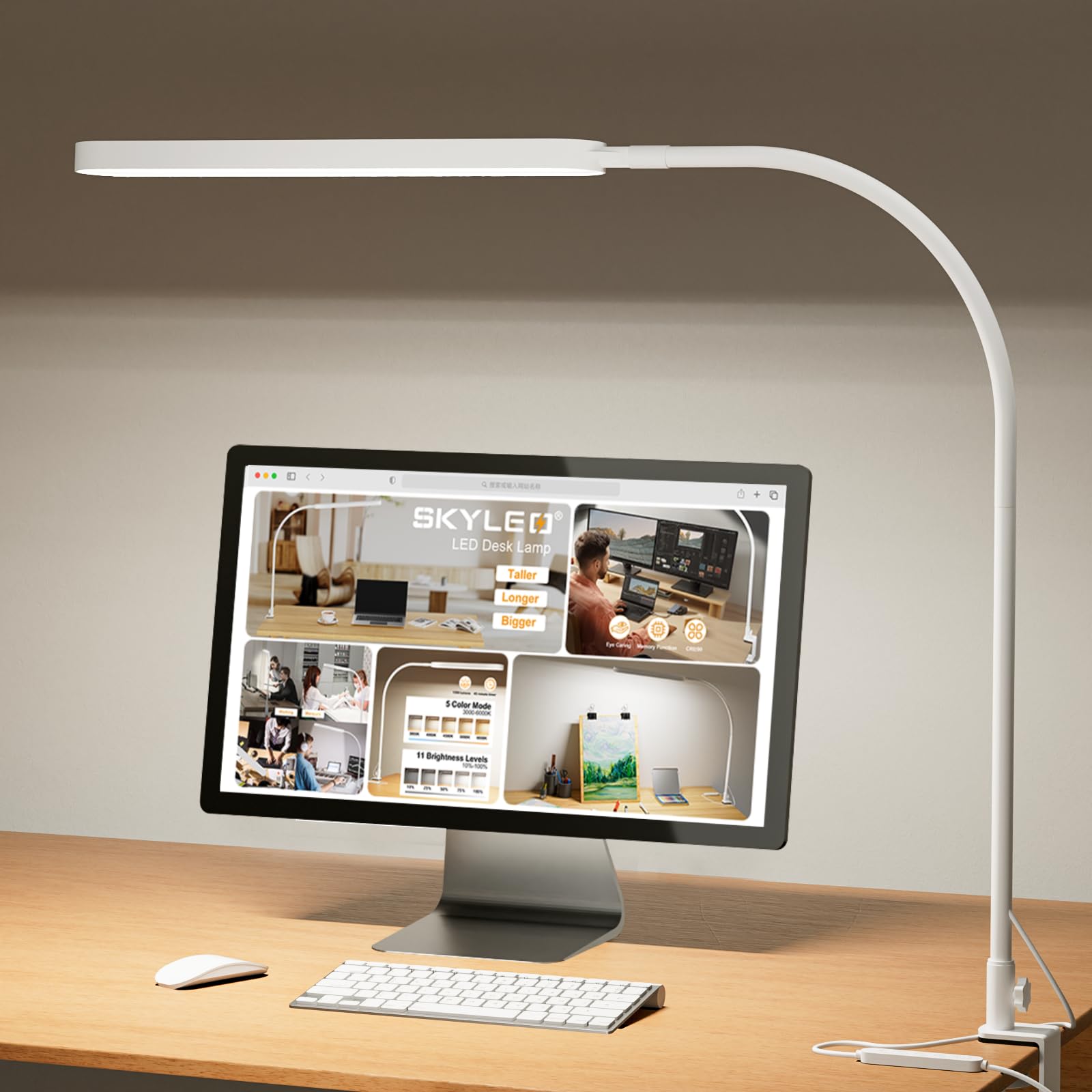 Photo 1 of SKYLEO Led Desk Lamp - 33.5" Desk Light - Flexible Gooseneck - 5 Color Modes X 11 Brightness Levels - 1300LM - Timmer & Memory Function - 12W Clip on Light - White