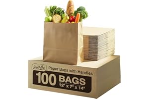 Sipthene Paper Grocery Bags with Handles (100 Pcs Bulk) 12x7x14 Inches, Large Brown Paper Bags 57 Lbs Basis - Heavy Duty Kraft Paper Sacks for Shopping, Retail, Takeout, To Go