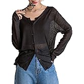 Milumia Women's Button Front Sheer Knit Top V Neck Long Sleeve Loose Tee Swimsuit Coverup