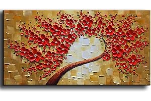 YaSheng Art - 100% Hand painted Contemporary Art Oil painting On Canvas Texture Red 3D Flowers Paintings Modern Home Decor Wall Art Paintings Ready to Hang 24"x48"inch