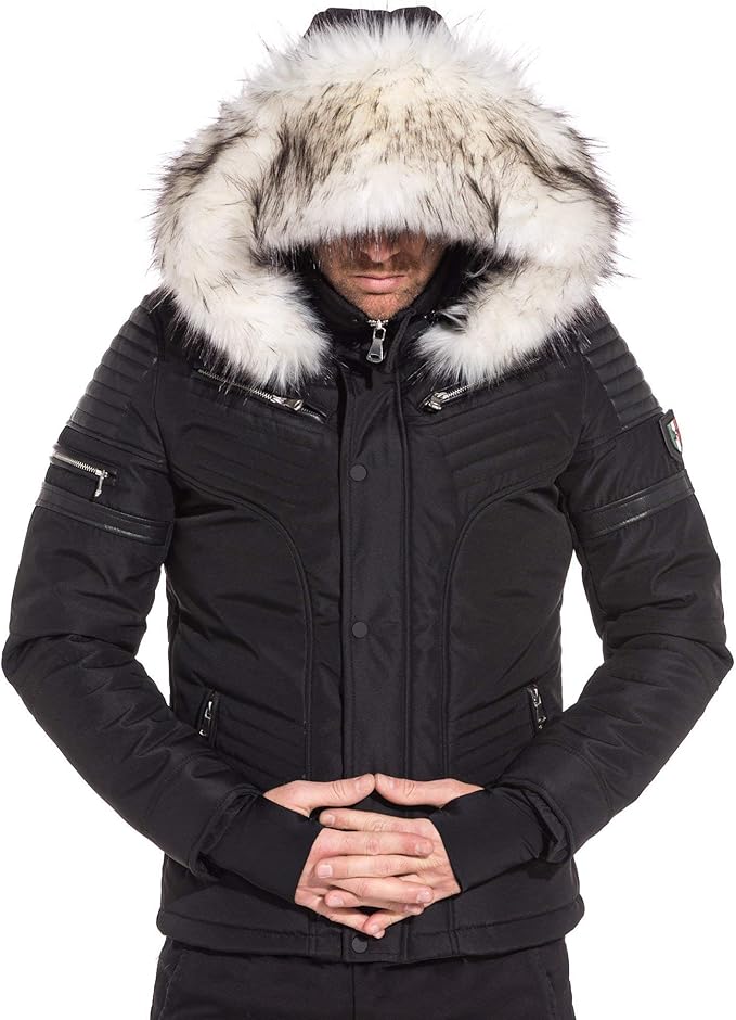 BLZ Jeans Giubbotto da uomo, effetto trapuntato, in pelle, con cappuccio in pelliccia bianca