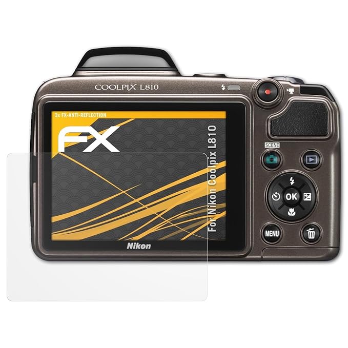 atFoliX Panzerfolie kompatibel mit Nikon Coolpix L810 Schutzfolie, entspiegelnde und stoßdämpfende FX Folie (3X)