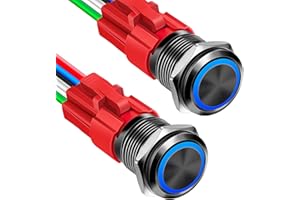 SARDVISA 2PCS 16mm Latching Push Button Switch, 12V DC On Off Self-Locking with Wire Socket Plug, Power Button Switch with LED Angel Eye Head for 0.63" Mounting Hole (Blue LED/Black Shell)