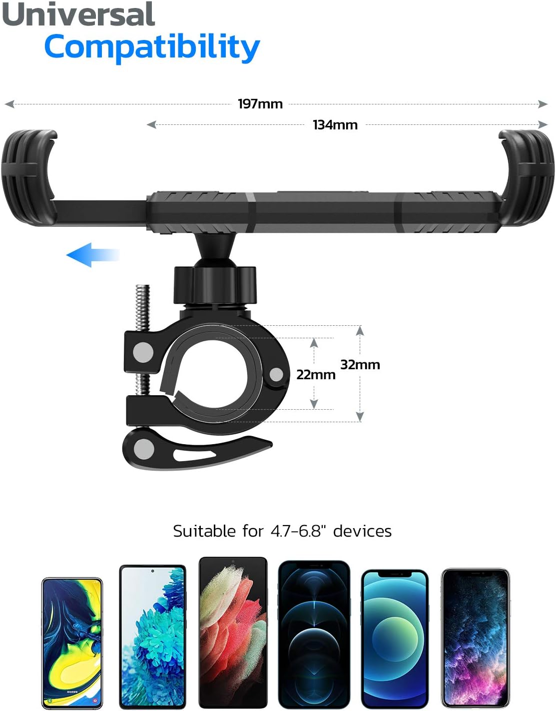Nulaxy H18 Bike Phone Mount, Bicycle Phone Holder - Handlebar Adjustable Motorcycle Cell Phone Mount Clamp, Compatible with Phone 12 / Phone 11 Pro Max, S9, S10, S20+ and More 4.7" - 6.8" Devices