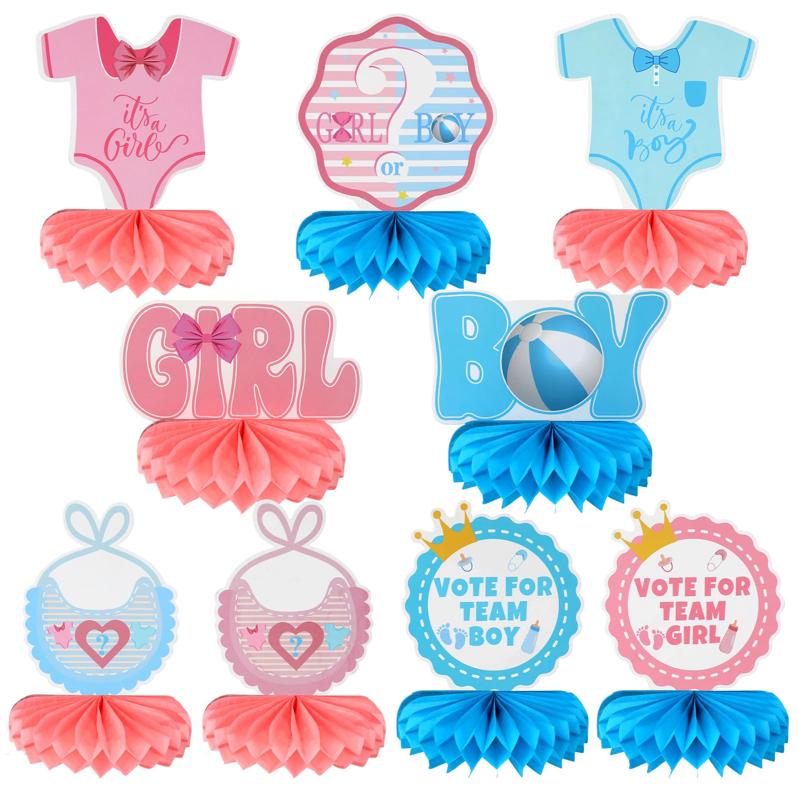 9pcs Baby Gender Reveal Decorations, Honeycomb Table Centerpieces for Boy or Girl Pregnancy Announcement Unisex Baby Shower Party Games Ideas Decor Supplies (Blue, Pink)