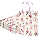 JarThenaAMCS 24Pcs Pink Christmas Paper Gift Bags with Handles Dots Xmas Tree Party Favor Bags Candy Goodie Treat Bag for Winter Holiday Birthday Party Supplies