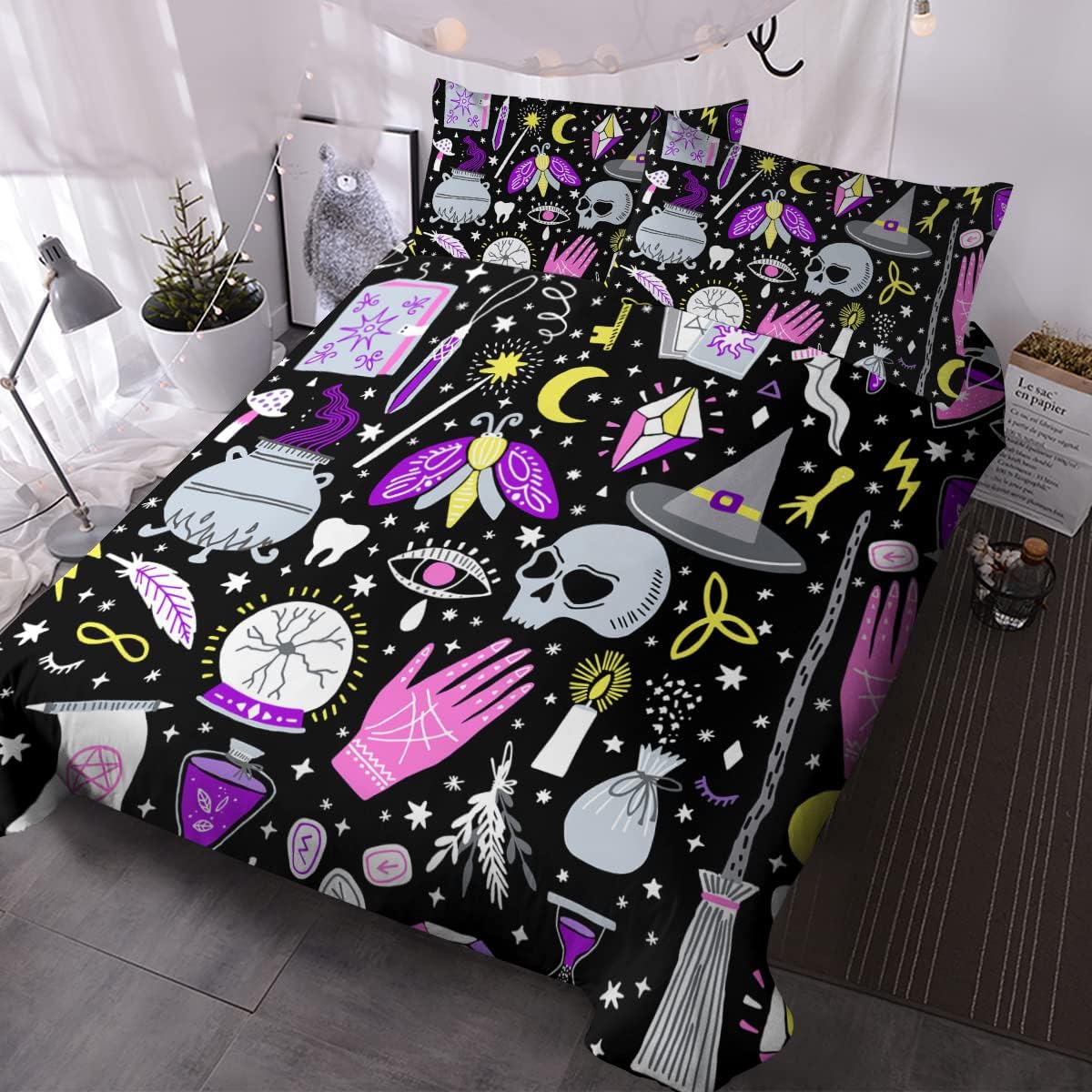 BlessLiving Halloween Witch Items Bedding Double Witchcraft Duvet Cover Set 3 Piece Quilt Cover and 2 Pillowcases Wiccan Gift (Purple Pink and Black)