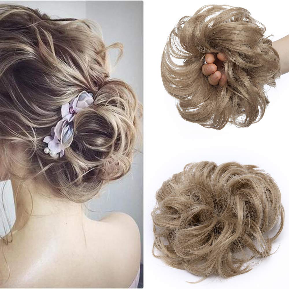Silk-co Messy Hair Scrunchies for Women Scrunchy Scrunchie Bun Up Do Hair Piece Hair Ribbon Ponytail Extensions Wavy [Ash Blond]