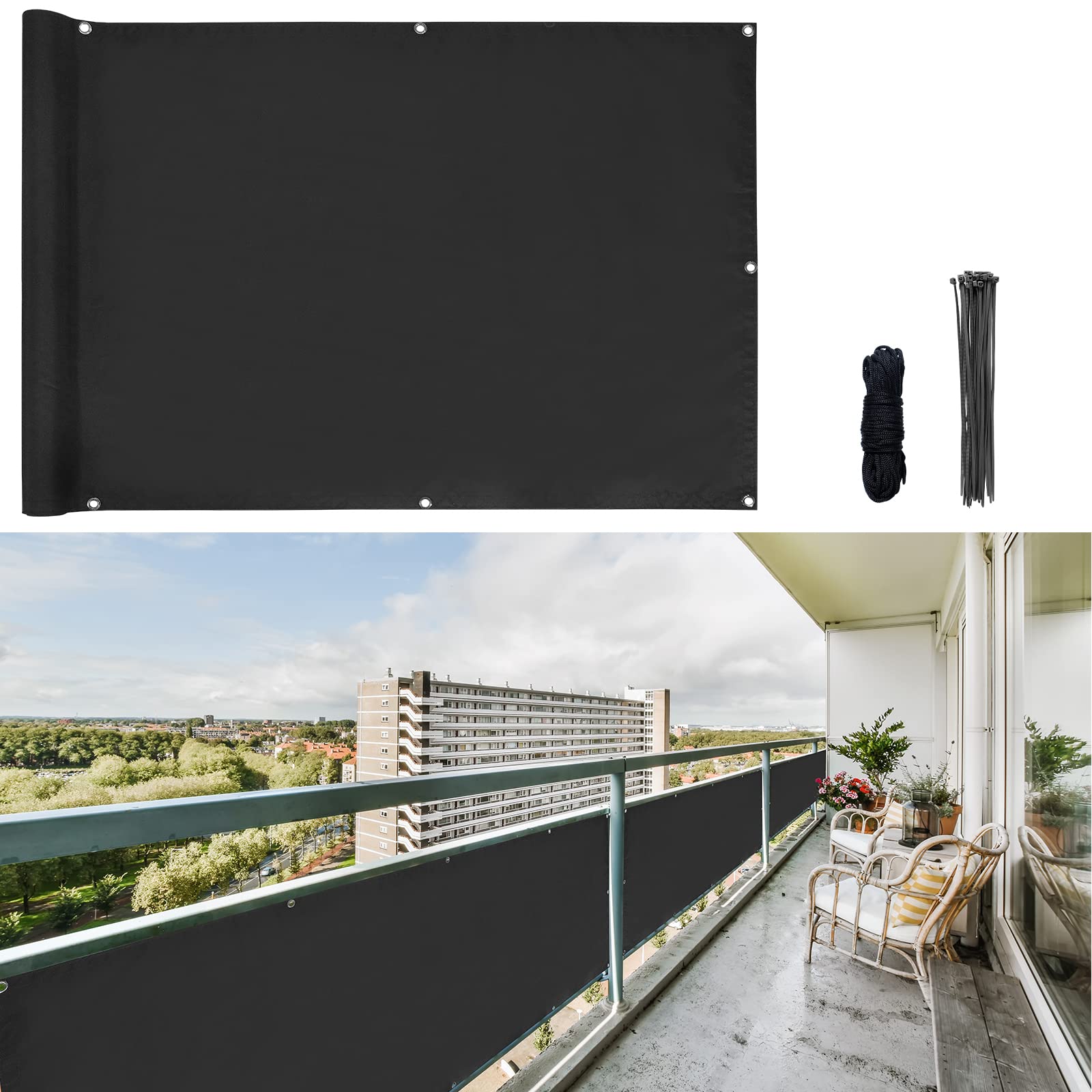 CCLIFE Balcony Privacy Screen, Wind and UV Protection, Weatherproof, 160 g/m² with Eyelets, Balcony Privacy Screen, Opaque, 75 x 300 cm (3 Sizes and 2 Colours), for Balcony Railing, Patio, Garden