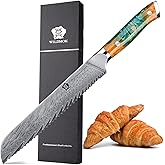 WILDMOK Serrated Damascus Steel Bread Knife, 8 inch, Full Tang Ultra Sharp, Resin Handle, Gift Box