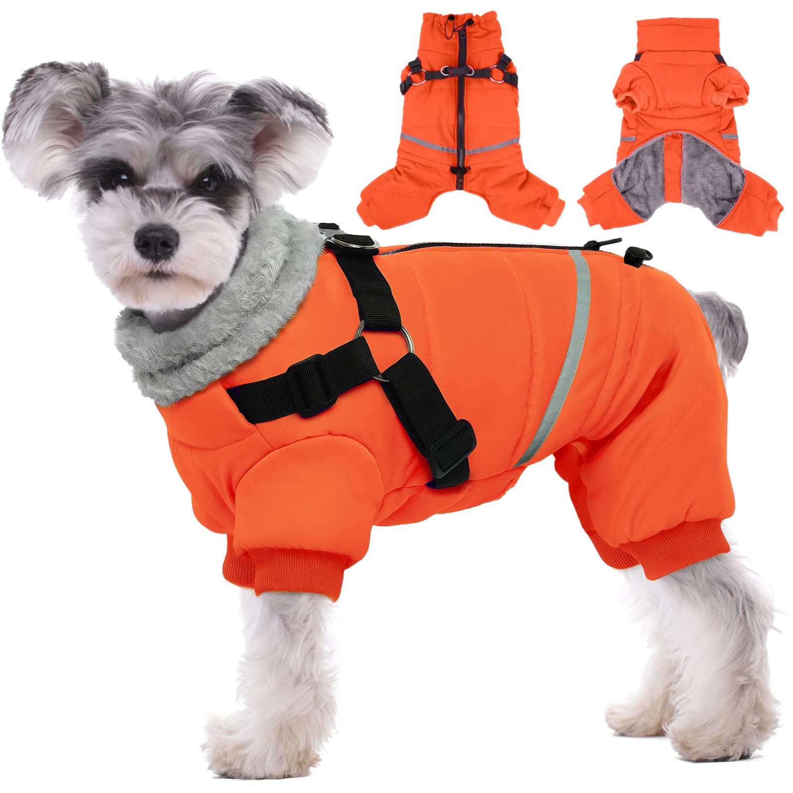 Photo 1 of BRKURLEG Small Dog Winter Coat with Harness Built in, Orange Winter Dogs Jackets, Fullbody Dog Coat, Dogs Snowsuits Reflective Windproof Cold Weather Coats, Pet Warm Fleece Coats, M
