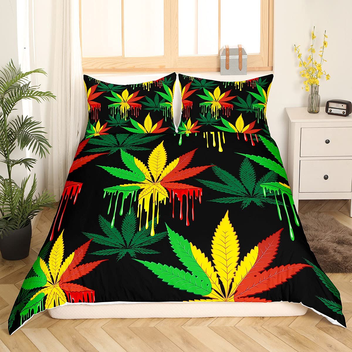 Marijuana Weed Leaf Duvet Cover Cannabis Leaves Bedding Set Colorful Marijuana Leaf Comforter Cover for Men Adults Bedroom Decor Bright Leaves Bedspread Cover With 2 Pillow Case Super King