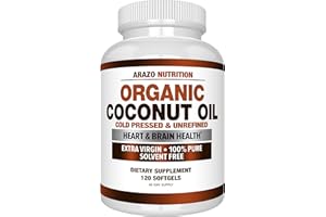 Arazo Nutrition Organic Coconut Oil 2000 MG - 100% Extra Virgin Unrefined Cold Pressed for Weight Support, Skin, Hair, Nails - 120 Softgel Capsules