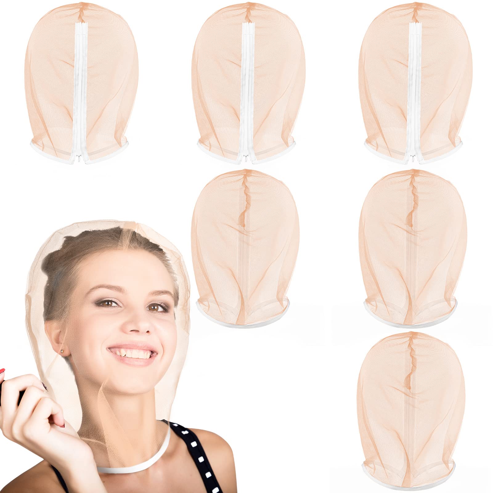 Photo 1 of 6 Pcs Makeup Protector Hood Washable Light Airy Nylon Chiffon Makeup Hood Zipper Closure Reusable Make up Face Cover for Women Girls Beauty Weddings (Nude)
