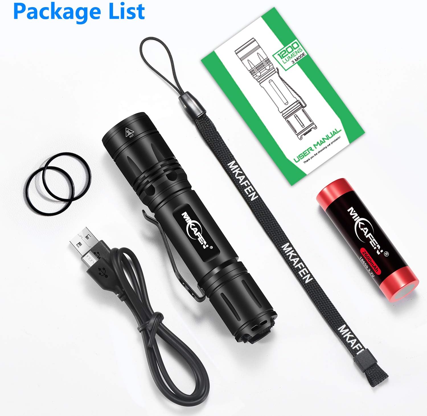 MIKAFEN Rechargeable LED Flashlight 1200 Lumens, IP7 Waterproof, 3 Modes, High Lumen Tactical Flashlight (18650 Battery Include) - - 