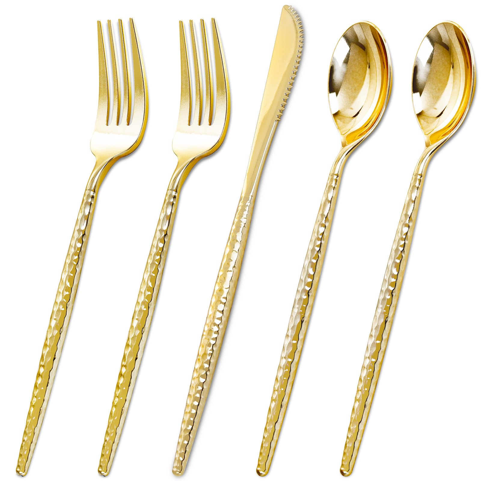 Photo 1 of Rubtlamp 180 Pcs Gold Plastic Silverware - Disposable Plastic Utensils - Hammered Plastic Forks And Spoons - Gold Plastic Cutlery Set Include 60 Forks, 60 Knives And 60 Spoons for Party