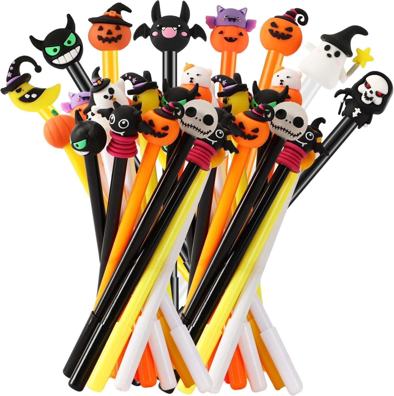 SANNIX Halloween Cartoon Pens, 50 pcs Funny Pumpkin Ghost Skull Bat Gel Ink RollerBall Pens for Halloween Party Favors Gift Office Home Supplies