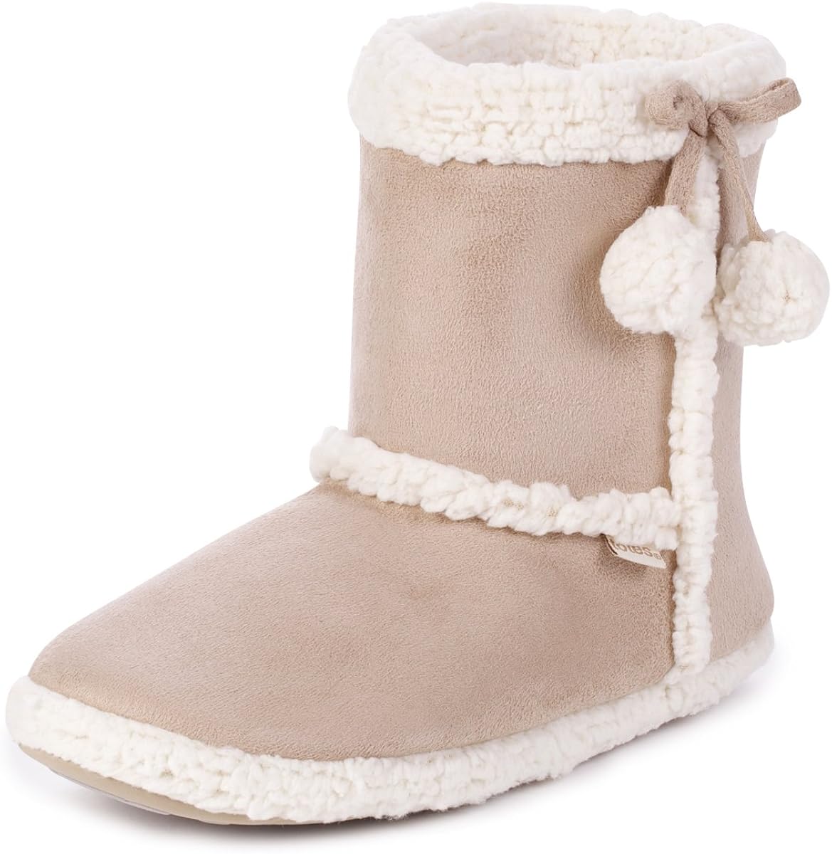 totes Suedette Bootie Slippers with Pom Poms Natural Large (UK 78