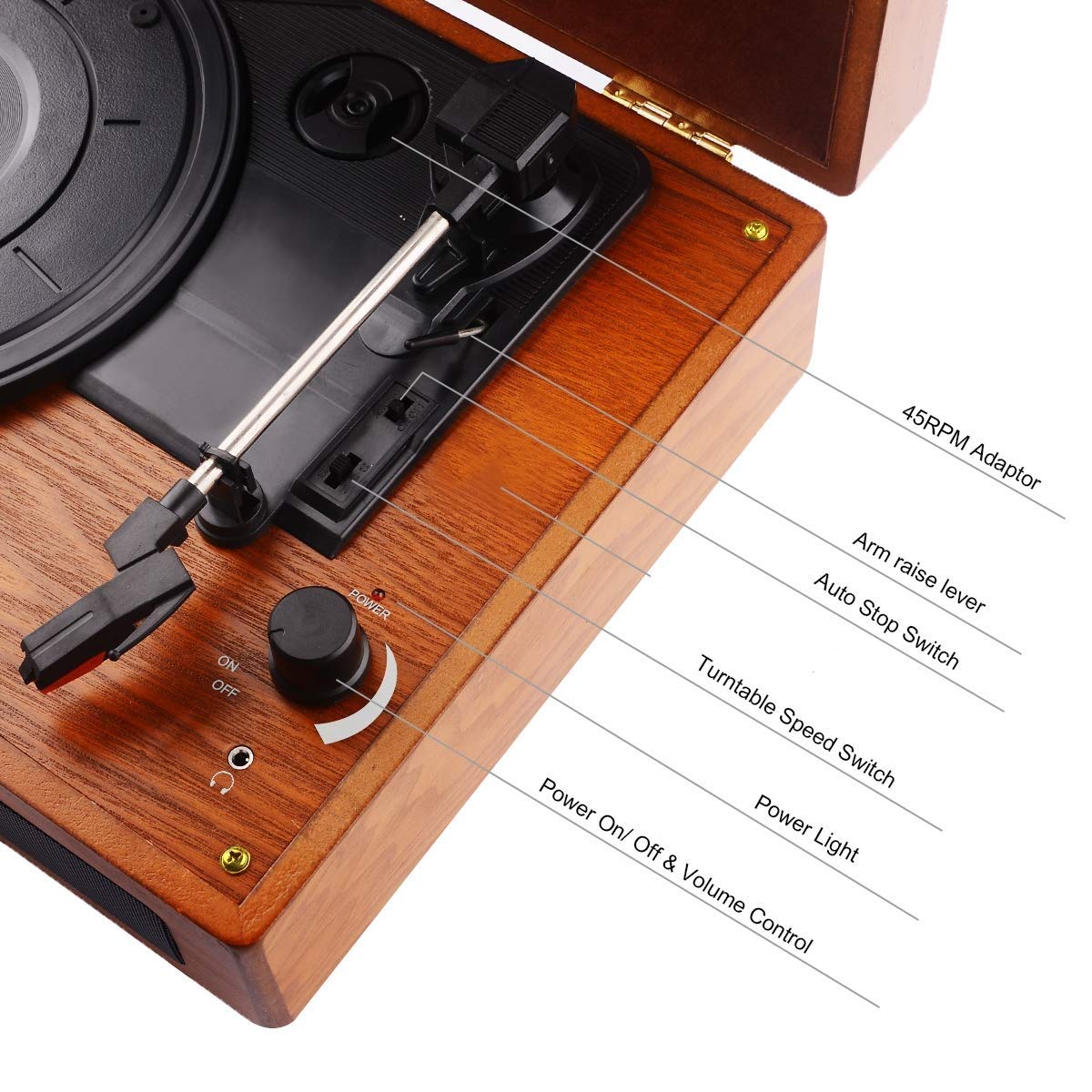 JORLAI Vinyl Record Player, 3 Speed Suitcase Turntable with Built-in Speakers, PC Recorder, Headphone Jack, RCA line Out - Wood