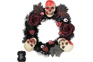 NOICLUB Black Halloween Wreath for Front Door with 30 Lights Timer (Battery Not Included) Outdoor Small Halloween Decoration Light Up Outside Porch Decor Skulls Roses Pumpkin Leaves Eyeballs Home Party