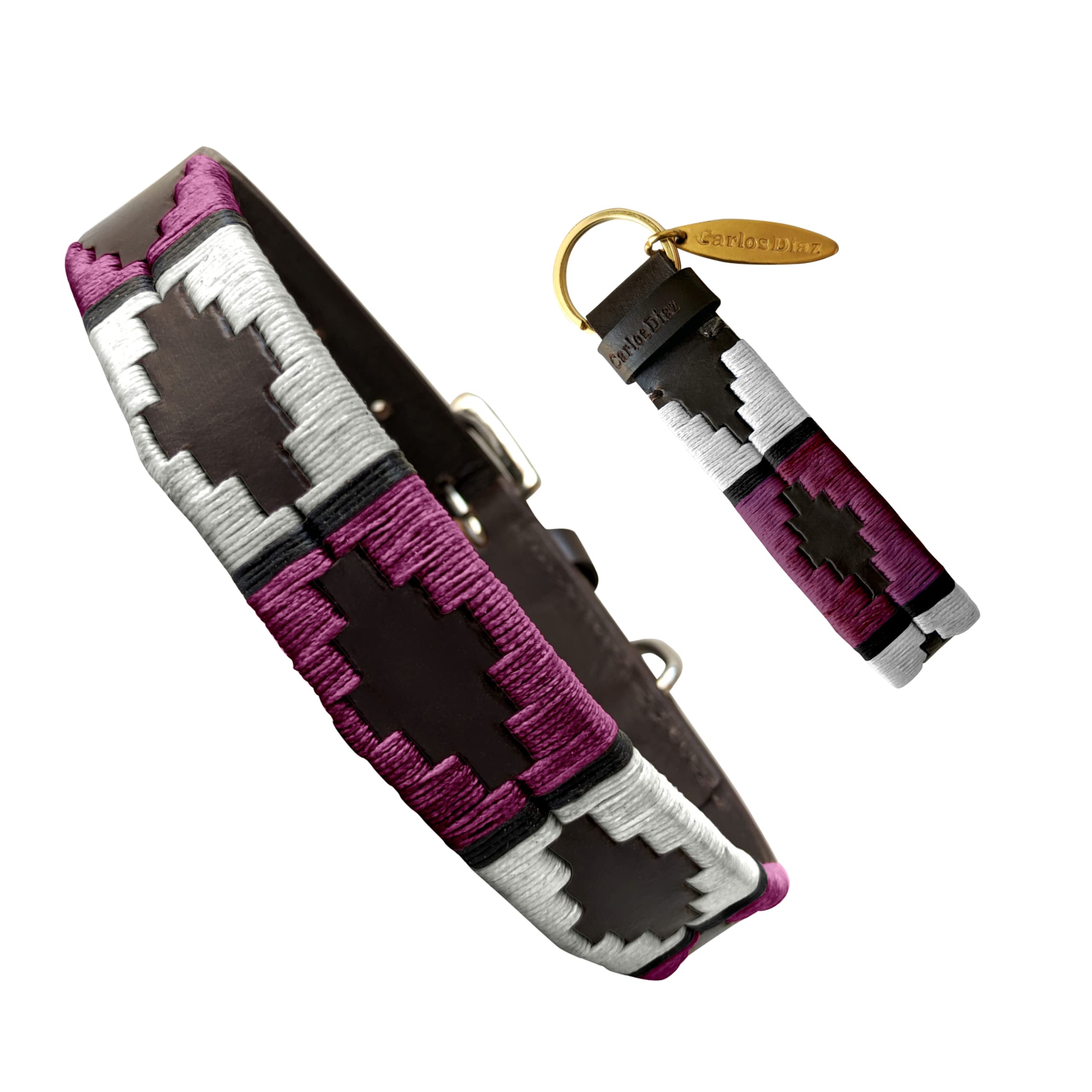 Carlos Diaz Genuine Leather Waxed Embroidered Polo Dog Collar L