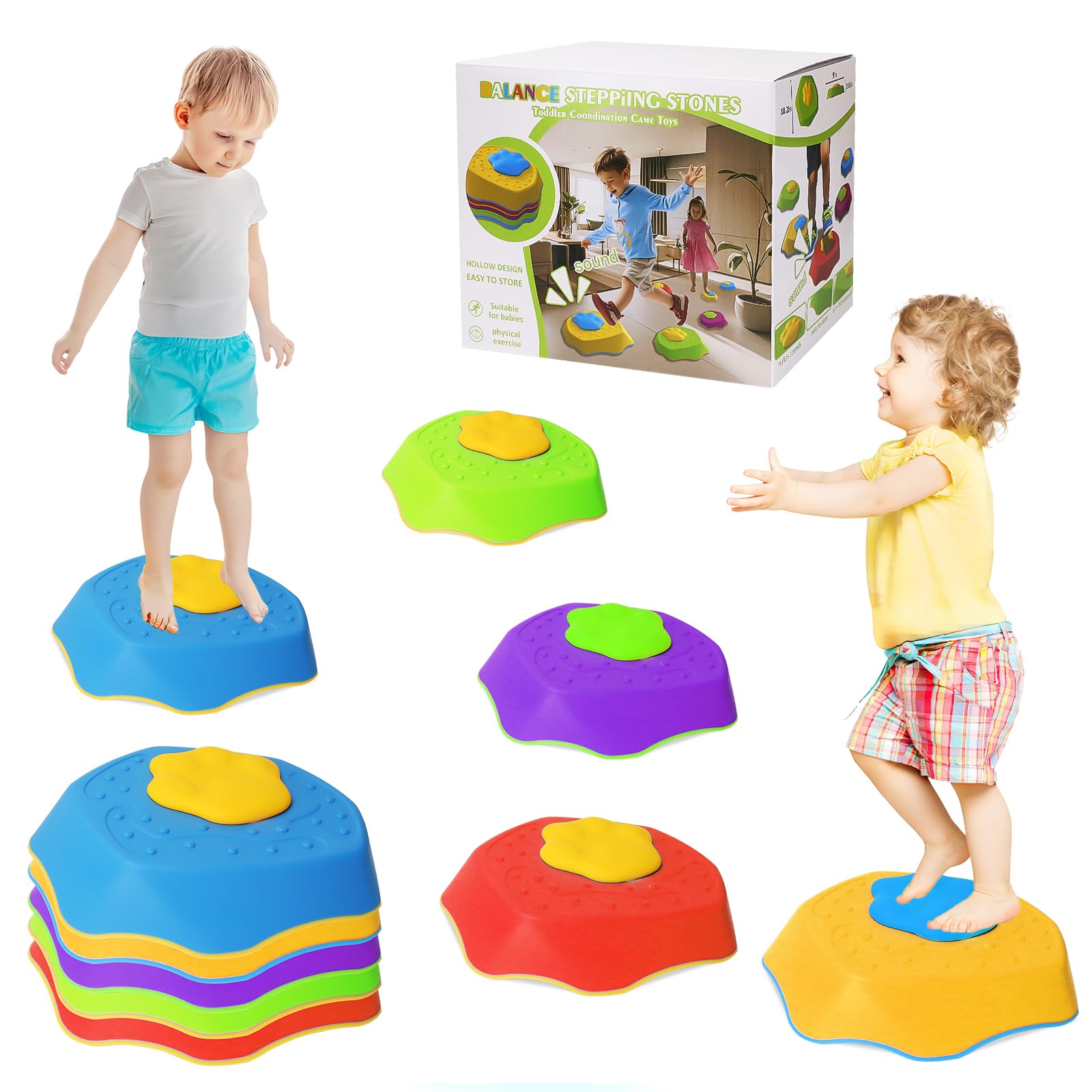 5 Pcs Stepping Stones for Kids, Squeaky Balance Stones with Fun Sound Effects, Sensory Toddler Obstacle Course Toys for Indoor Outdoor Play Gift for Boys Girls Ages 3+