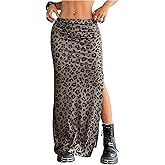 OYOANGLE Women's Leopard Print High Slit Maxi Skirt Elastic Waist Y2K Cheetah Pencil Skirts