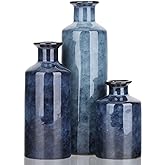 Blue Ceramic Vase Set - 3 Blue Small Vases, Farmhouse Country Flower Vase Home Decor, Living Room Decoration, Table Decoration, Fireplace Decor, and Entrance Decorations Centerpieces