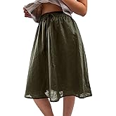 Amazhiyu Womens Pure Linen A Line Pleated Midi Skirt Elastic Waist with Pockets