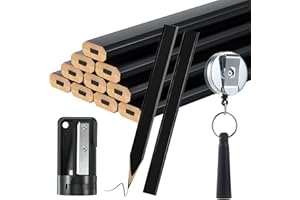 HOHEAN 14 Pcs Carpenter Pencils, 7 Inches Flat Octagonal Hard Black Woodworking Construction Pencils Heavy Duty with Pencil Sharpener and Retractable Pencil Holder for Contractor Carpentry (Black)