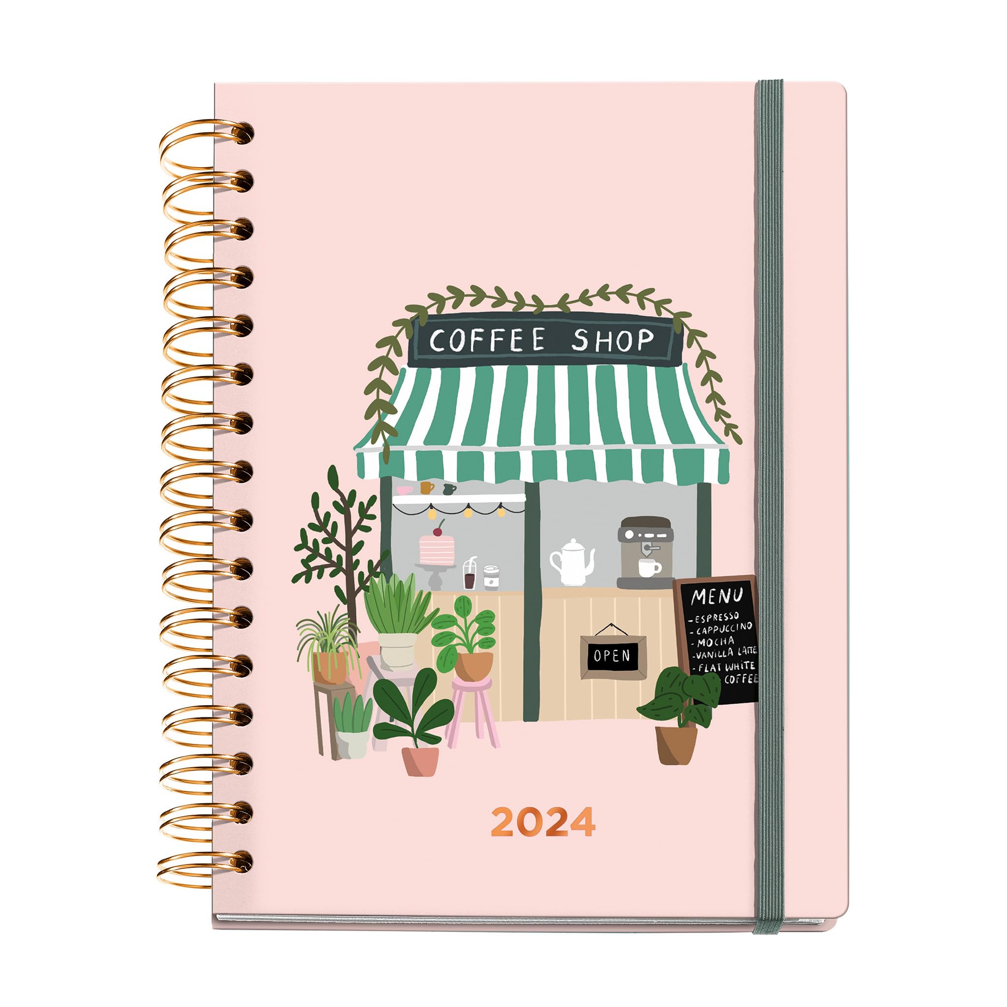 Miquelrius - 2024 Coffee Lovers Yearly Diary, Week View, Plus Size 155 x 213 mm (similar A5), Hard Cover, Spiral Binding, Elastic Closure, Multilingual, Coffee Shop Pink