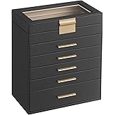 SONGMICS GISELLA Collection - Jewelry Box Organizer, 6-Layer Jewelry Storage with 5 Drawers, Shiny Metal Hardware, Glass Lid, Modern, 6.4 x 9.9 x 11.4 Inches, Ink Black and Gold Color UJBC171B01