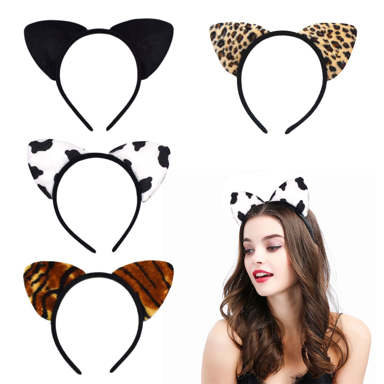 VIKSAUN 4 Pcs Soft Fabric Headband Set, Alice Cat Ears, Leopard Print, Cow, Tiger Stripes Hair Hoops for Cosplay, Anime, Holiday Events, Fancy Dress, Dance Recitals,Mardi Gras Halloween (4 Pcs)