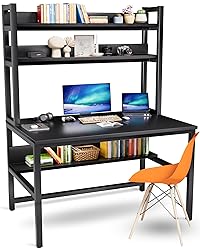 Computer Desk with Hutch and Bookshelves, Large Leg