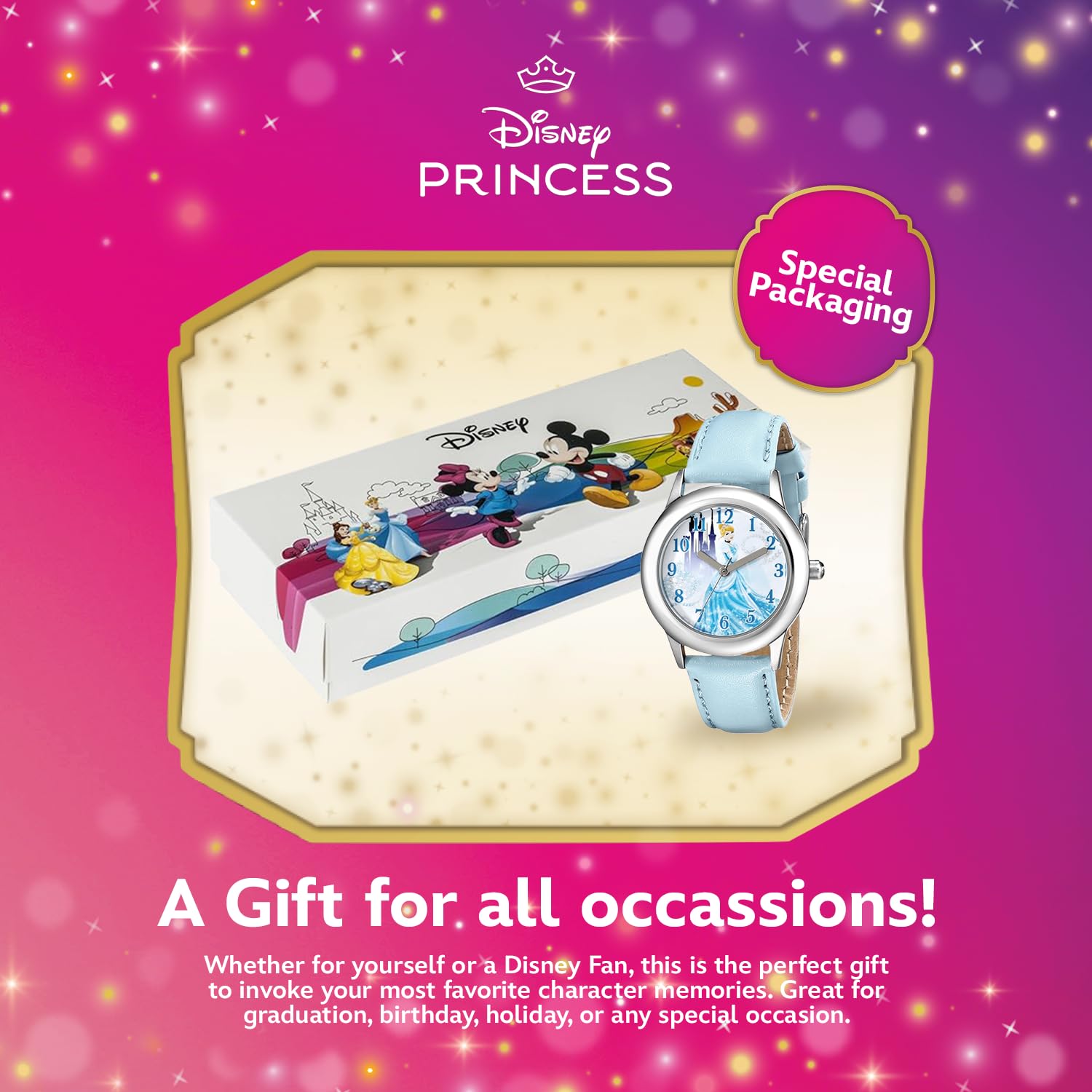 Disney Princess Watch for Girls Age 3–5 Featuring Cinderella with Flowing Dress – Ideal for Kids Who Lovee Fantasy Vibes, Dreamlike Art, and Storybook Style – Aqua Nylon Strap with Velcro Closure