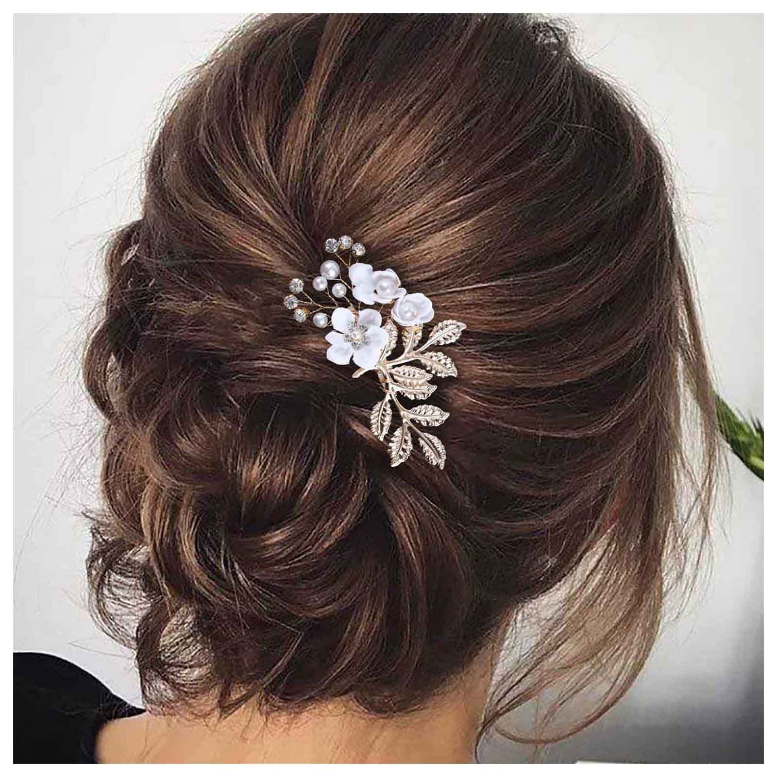 Cimenexe Bohemian Crystal Flower Hair Comb White Flower Hair Barrette Gold Leaf Headpiece Vintage Pearl Headwear Hairpiece Decorative Wedding Comb Hair Accessories Jewelry for Women and Girls Gifts