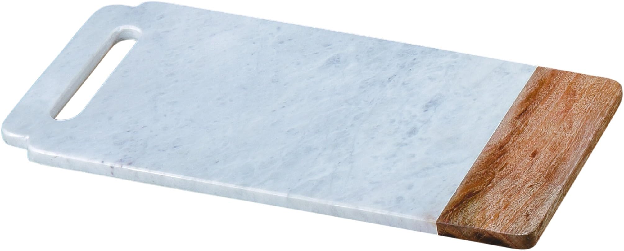 Creative Home White Marble With Mango Wood Pastry Board, Cheese Platter, 18” x 9"