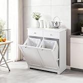 Hestiamo Double Tilt Out Trash Can Cabinet, Multi Size, White | Hidden Wooden Kitchen Bin With 2x10 Gallon Capacity, Pet-Proo